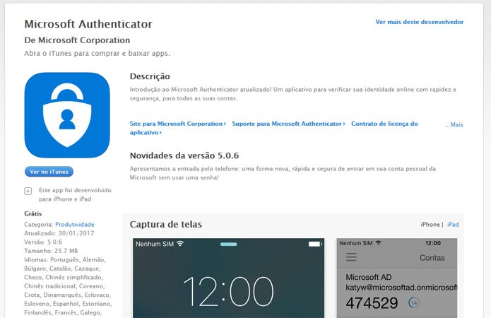 Página web do Microsoft Authenticator para iPhone (Foto: Reprodução)