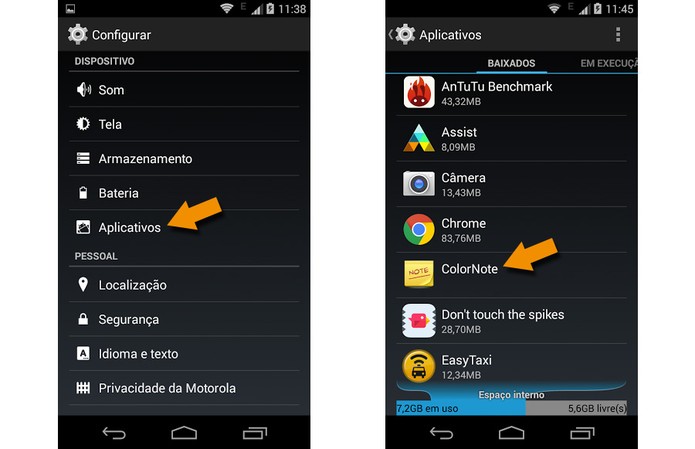 Menu de configuração do novo Moto G e app ColorNote em destaque (Foto: Reprodução)