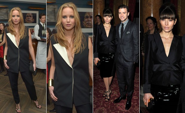 JENNIFER LAWRENCE DE LANVIN E JESSICA BIEL DE TOM FORD (Foto: Getty Images)