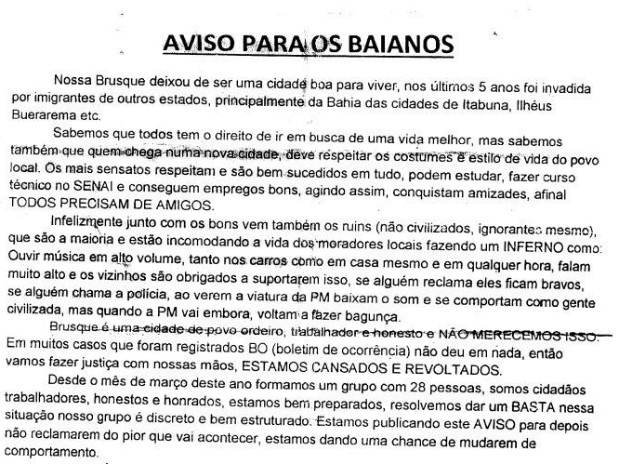 Carta ameaça aos baianos (Foto: Repredução/Facebook)