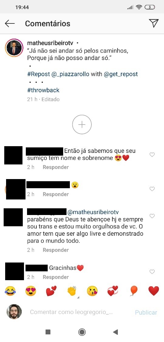 Internautas deixam mensagens para Matheus Ribeiro e Yuri Piazzarollo (Foto: Reprodução/Instagram) Internautas deixam mensagens para Matheus Ribeiro e Yuri Piazzarollo (Foto: Reprodução/Instagram)