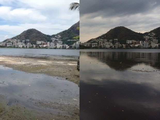 Trechos com terra acima do nível da água da Lagoa eram visíveis uma semana antes da chuva interromper o período de estiagem no Rio (Foto: Cristiano Cardoso / Daniel Silveira G1)