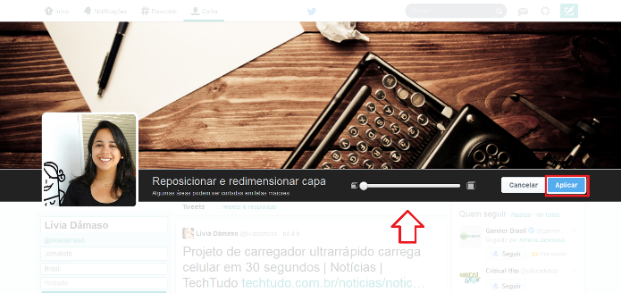 Posicionando e redimensionando a foto de capa no novo perfil do Twitter (Foto: Reprodução/Lívia Dâmaso)