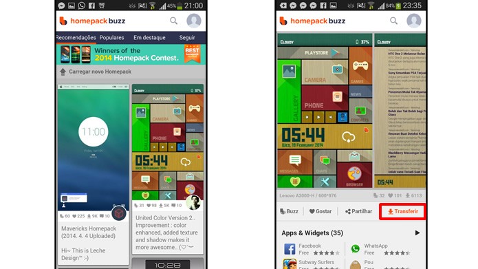 Escolha um dos temas exibidos e clique no botão Transferir para fazer o seu download (Foto: Reprodução/Daniel Ribeiro)