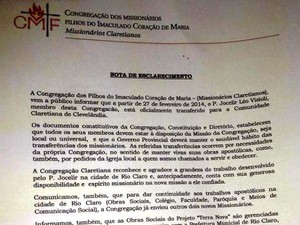 Carta divulgada para a imprensa confirma transferncia de padre Jocelir de Rio Claro (Foto: Vitor Liasch/Arquivo Pessoal)