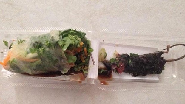 Australiana ficou em choque ao encontrar rato morto em rolo de papel de arroz (Foto: Reprodução/Facebook/Emilie Petrusic)