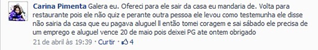 Carina Pimenta - comentario no Facebook do ex-Polegar (Foto: Facebook/Reprodução)