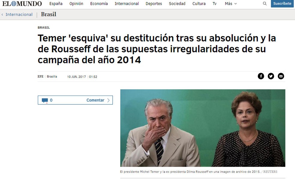 Jornal espanhol 'El Mundo' repercute decisão desta sexta-feira (9) do TSE (Foto: Reprodução/ El mundo)
