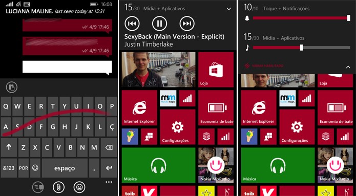 Windows Phone 8.1 agora tem teclado no estilo swype e controle individual de volumes (Foto: Reprodução/Elson de Souza)