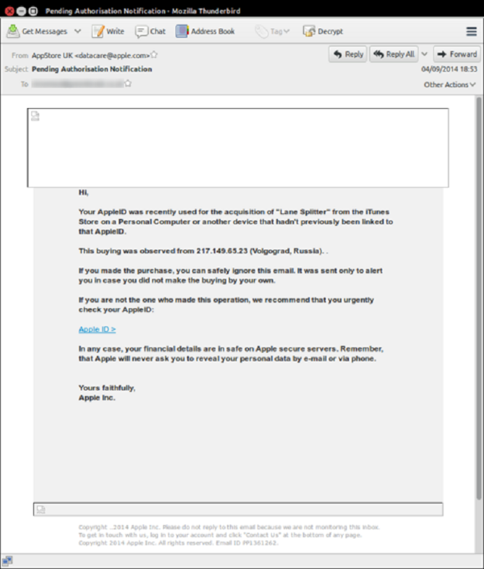 Usuários estão sendo alvo de golpe de phishing com mensagens falsas da Apple. (Foto: Reprodução/ Symantec)