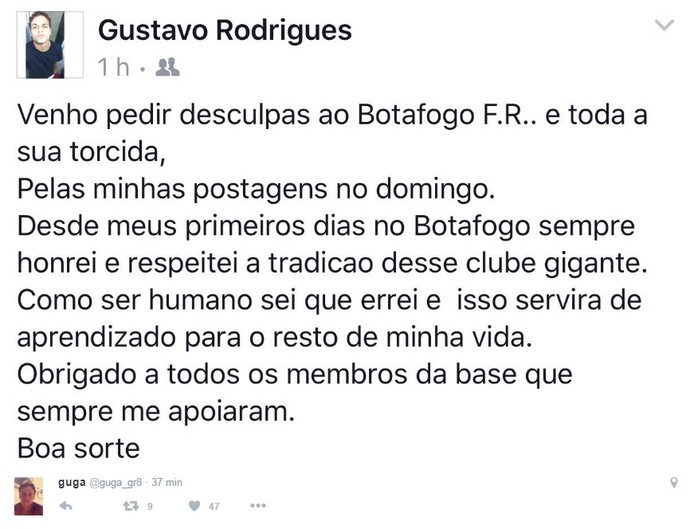 Post Gustavo Rodrigues pedindo desculpas ao Botafogo (Foto: Reprodução/Twitter)