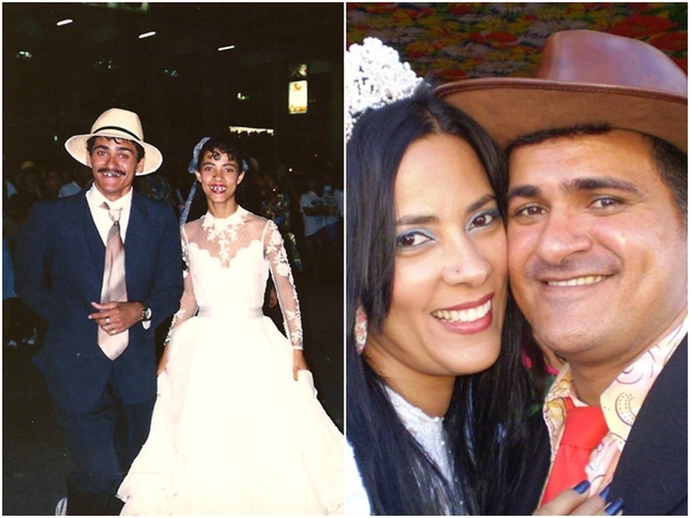 Casal no primeiro São João como noivos (esq.), em 1993, e nos festejos juninos de 2013 (dir.) (Foto: Arquivo Pessoal/Benício Júnior)