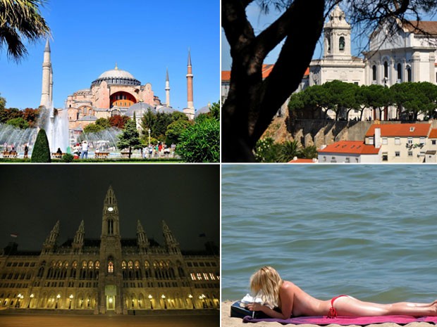 Montagem mostra as cidades europeias votadas como melhor destino de 2013; em sent. horário, Istambul, Lisboa, Viena e Barcelona (Foto: Go Turkey; EB Destinations; Heinz Peter-Bader/Reuters; Manu Fernandez/AP)