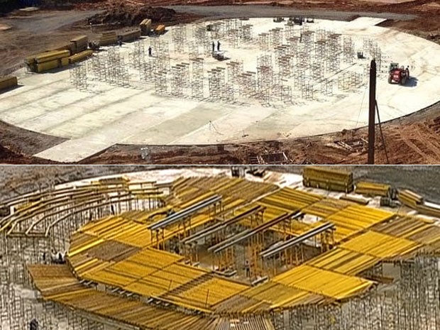 Imagem mostra evolução da montagem do palco em Guaratiba (Foto: Duda Magalhães e G1)