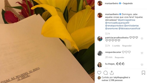 Maria Ribeiro mostra roteiro de Todas as Mulheres do Mundo e marca Fábio Assunçao em post (Foto: Reprodução/Instagram) Maria Ribeiro mostra roteiro de Todas as Mulheres do Mundo e marca Fábio Assunçao em post (Foto: Reprodução/Instagram)