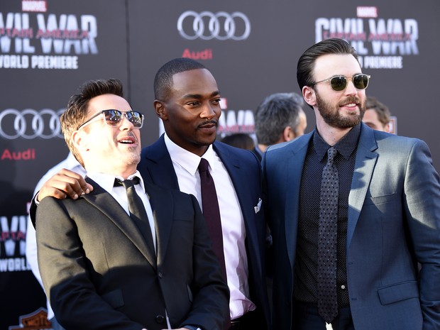 Robert Downey Jr., Anthony Mackie e Chris Evans em première em Los Angeles, nos Estados Unidos (Foto: Frazer Harrison/ Getty Images/ AFP)