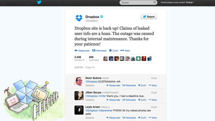 Dropbox enfrenta instabilidade e nega vazamento de dados dos usuários (Foto: Reprodução/Twitter) Dropbox enfrenta instabilidade e nega vazamento de dados dos usuários (Foto: Reprodução/Twitter)