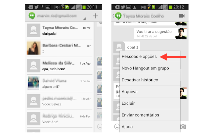 Acessando as configurações de uma conversa no Hangouts (Foto: Reprodução/Marvin Costa)