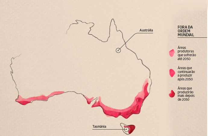 TUDO INVERTIDO - Enquanto na Austrália a produção de vinho pode sofrer uma queda de até 70% em 35 anos, na Tasmânia, ilha ao sul do país, ela cresce 10% ao ano. A ilha já tem 1500 hectares dedicados à vinicultura, cifra que deve triplicar até 2050 (Foto: Otávio Silveira)