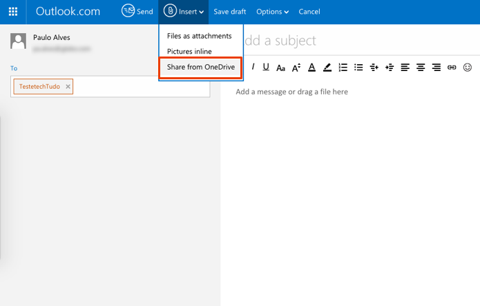 No Outlook, anexar imagens via OneDrive é a melhor opção (Foto: Reprodução/Paulo Alves)