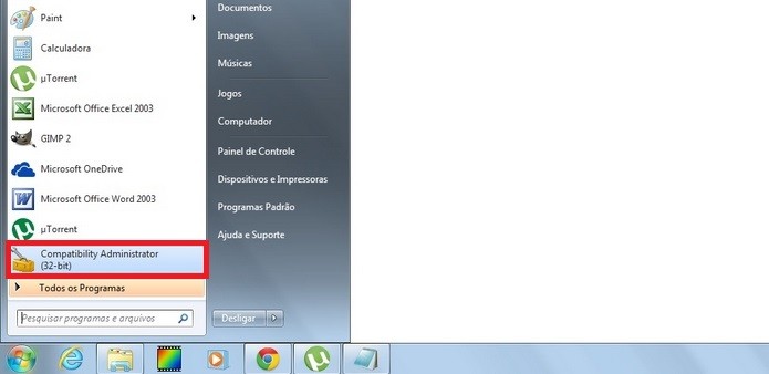 Destaque para ferramenta Compatibility Administrator no menu Iniciar (Foto: Reprodução/Raquel Freire)