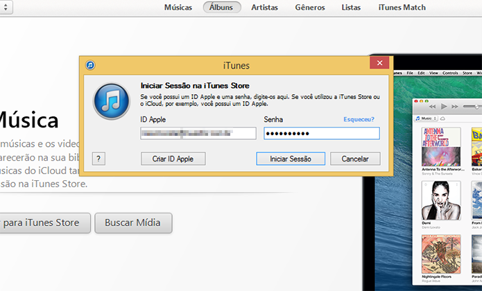 Inserindo a ID da Apple para iniciar a sessão no iTunes (Foto: Reprodução/Marvin Costa)