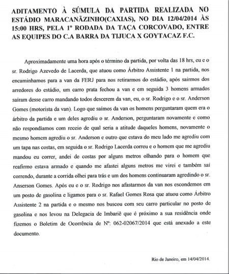 Boletim de Ocorrência na súmula do jogo do Goytacaz e Barra da Tijuca (Foto: Reprodução/Ferj)
