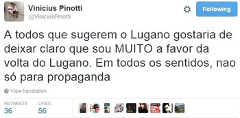 Diretor de marketing do São Paulo é favorável à volta de Lugano (Foto: Reprodução/Twitter)