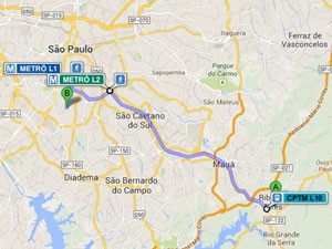 E o possível trajeto que o casal fez de trem e Metrô de Ribeirão Pires até a Praça da Árvore, na Zona Sul de São Paulo (Foto: Reprodução)