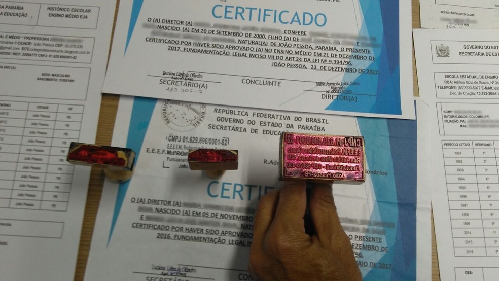 Carimbos e históricos escolares e certificados de escola estadual da Paraíba foram apreendidos com a jovem (Foto: Divulgação/DDF)
