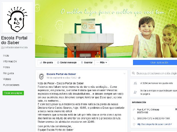 Nota de pesar pela morte da diretora Karla Castro Soares em rede social da Escola Portal do Saber (Foto: Facebook/Reprodução) Nota de pesar pela morte da diretora Karla Castro Soares em rede social da Escola Portal do Saber (Foto: Facebook/Reprodução)