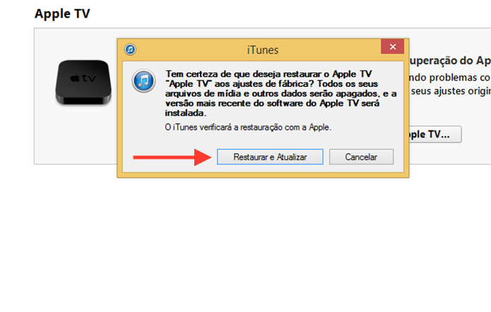 Confirmando a restauração e instalação do software atualizado da Apple TV (Foto: Reprodução/Marvin Costa)