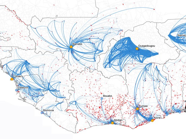 Imagem mostra análise de deslocamento da população na África Ocidental feito com base em dados de celulares: estratégia pode ajudar a combater ebola (Foto: Flowminder.org/Divulgação)