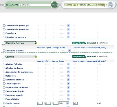 screenshot de Simulador de consumo de energia
