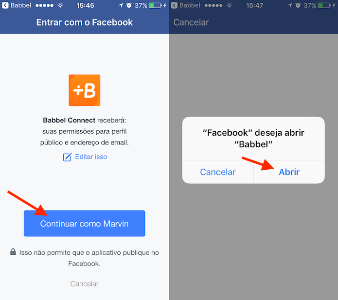 Opção para iniciar o aplicativo Babbel por login do Facebook (Foto: Reprodução/Marvin Costa)