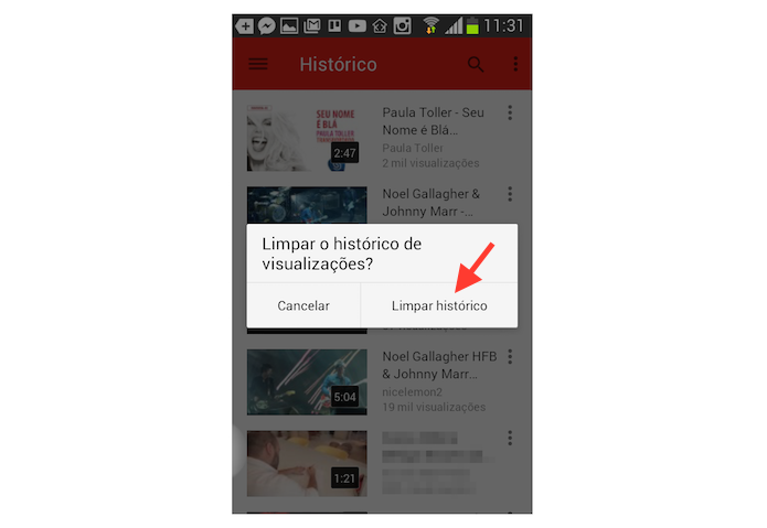 Confirmando a exclusão do histórico de vídeos assistidos no YouTube através de um dispositivo Android (Foto: Reprodução/Marvin Costa)