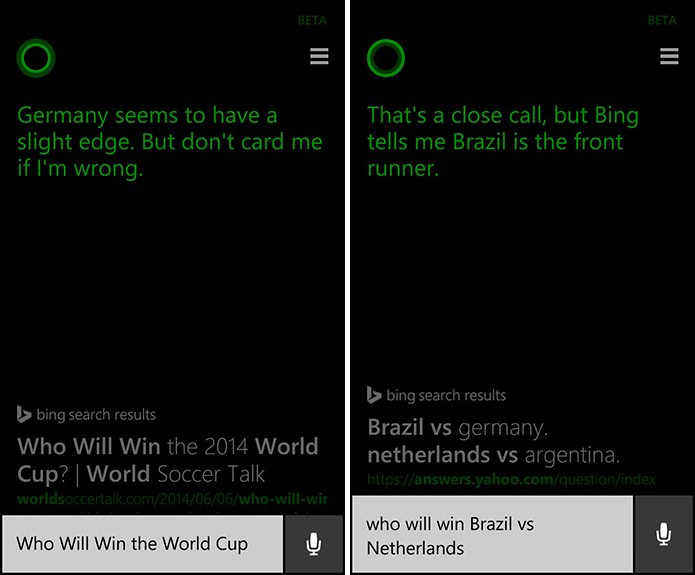 Cortana aposta na vitória da seleção alemã na final (à esquerda) e que Brasil ficará com o terceiro lugar da Copa (à direita) (Foto: Reprodução/Elson de Souza)