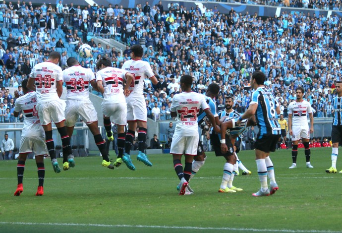 Bola rebate na barreira e origina gol do São Paulo (Foto: Diego Guichard)