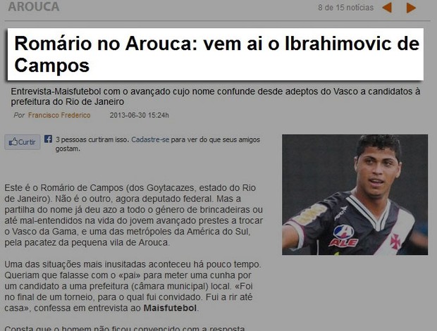 Jornal Portugues romário Vasco (Foto: Reprodução / Maisfutebol.iol)