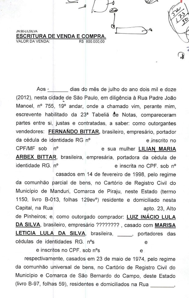 Minuta de contrato de venda do sÃ­tio em Atibaia para Lula pag.1 (Foto: ReproduÃ§Ã£o)