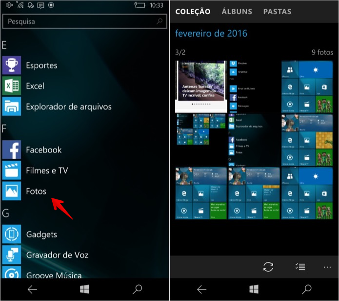 Abra o aplicativo de fotos do Windows 10 Mobile (Foto: Reprodução/Helito Bijora) 