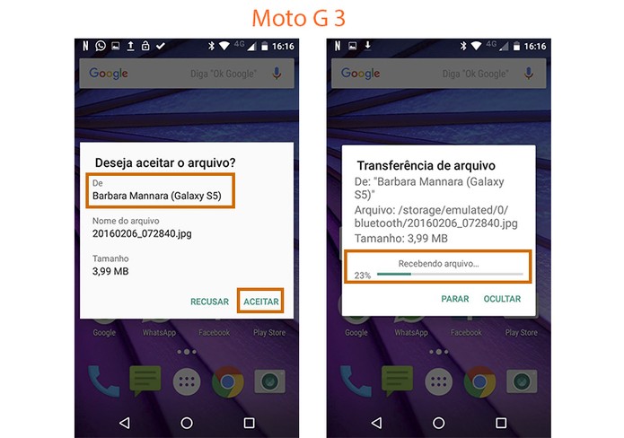 Quando alguém te enviar um arquivo, o Moto G 3 vai exibir uma mensagem para receber o item (Foto: Reprodução/Barbara Mannara)