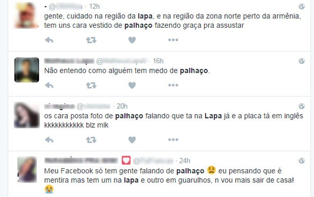 Usuários do Twiter falam sobre aparição de palhaço na Lapa, Zona Oeste de São Paulo (Foto: Reprodução/Twitter)