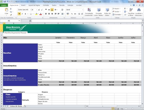 screenshot de Planilha de Orçamento Pessoal