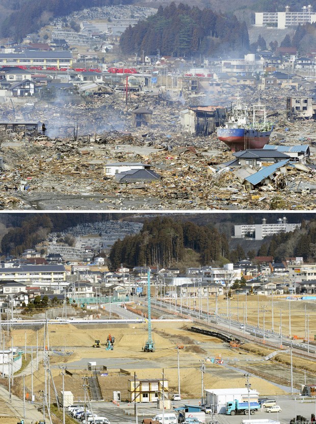 A cidade de Kesennuma arrasada pelo tsunami em foto tirada em 17 de março de 2011 (acima); abaixo, foto tirada em 17 de janeiro de 2016 (Foto: Kyodo/Reuters)