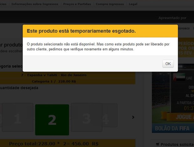 Mensagem de erro no site da Fifa para compra de ingressos (Foto: Reprodução)