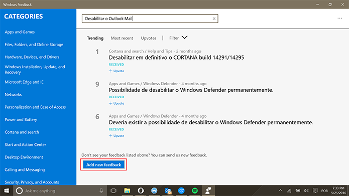 Windows Feedback poderá ter nova reclamação criada se não houver similares (Foto: Reprodução/Elson de Souza)