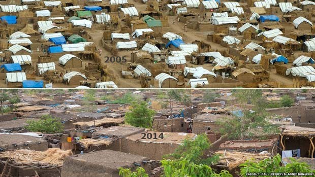 Estas fotos de campos próximos à Zalingei evidenciam as mudanças dos últimos nove anos; telhados de lona foram cobertos por tijolos de argila e se tornaram residências permanentes (Foto: Paul Jeffrey e Annie Bungeroth/ BBC) Estas fotos de campos próximos à Zalingei evidenciam as mudanças dos últimos nove anos; telhados de lona foram cobertos por tijolos de argila e se tornaram residências permanentes (Foto: Paul Jeffrey e Annie Bungeroth/ BBC)