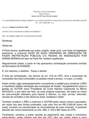 Ação de Paulo Wanderley contra o presidente do Náutico Gláuber Vasconcelos