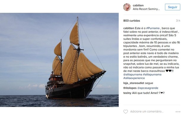 Caroline Bittencourt mostra foto do barco no qual se hospedou durante cruzeiro em Bali, na Indonésia (Foto: Reprodução/Instagram)